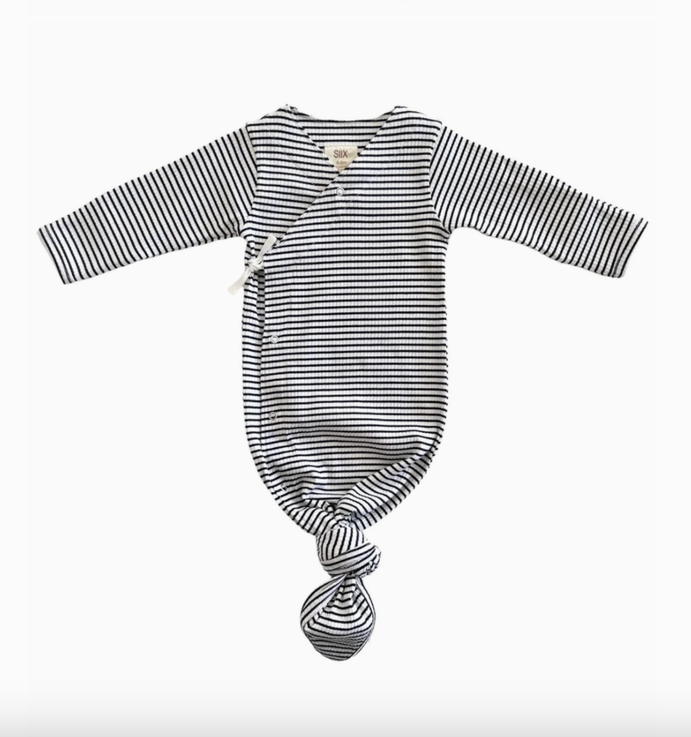 Ribbed Kimono Knot Gown - Black Stripe