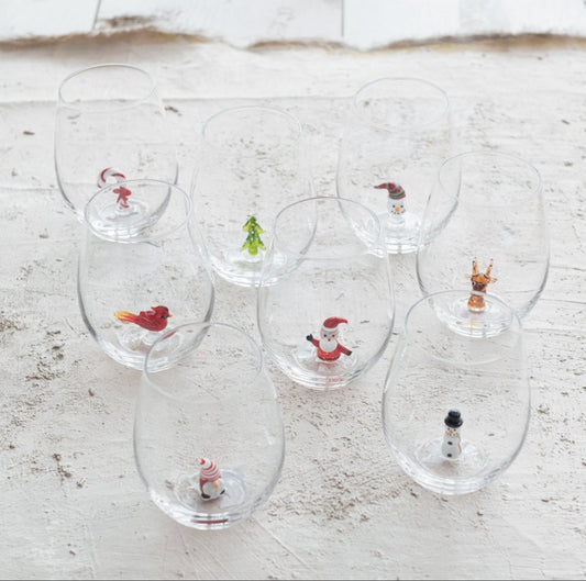 Stemless Wine Glass with Holiday Figure Inside