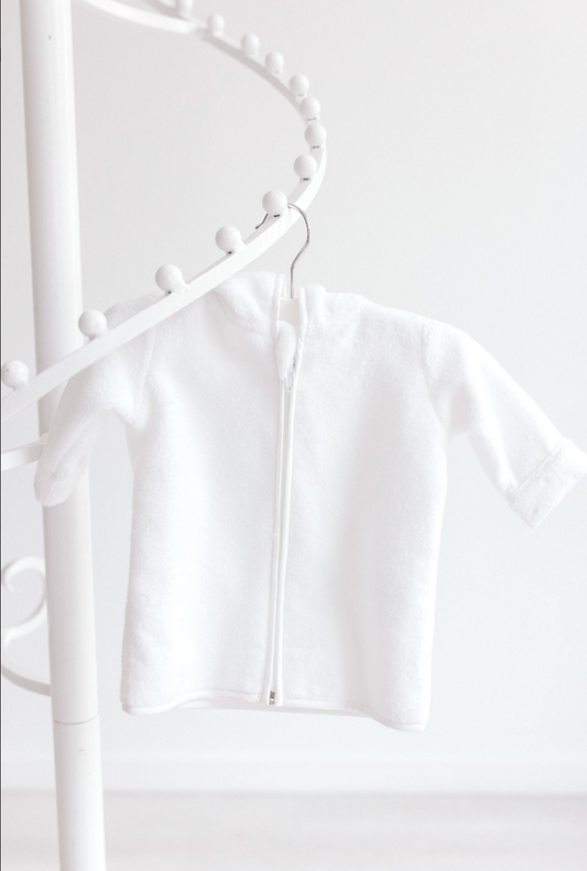 Baby Bathrobe - White With Ecru Dots