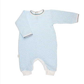 Long Sleeve Knit Romper - Blue/Navy Blue Trim