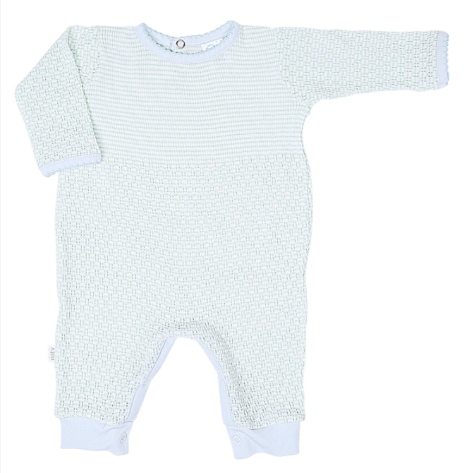 Knit Romper with Pima Binding - Green/Blue Trim