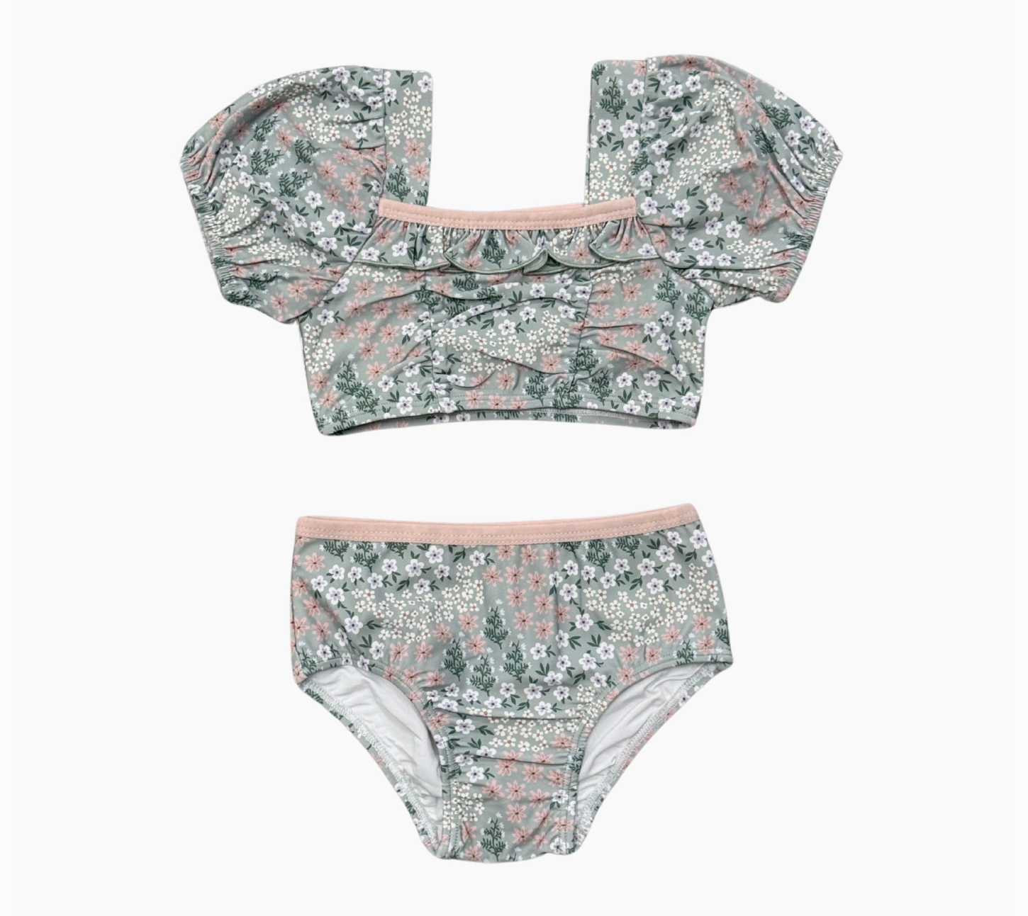 Girls Puff Sleeve Swimsuit - Aqua Grey Floral