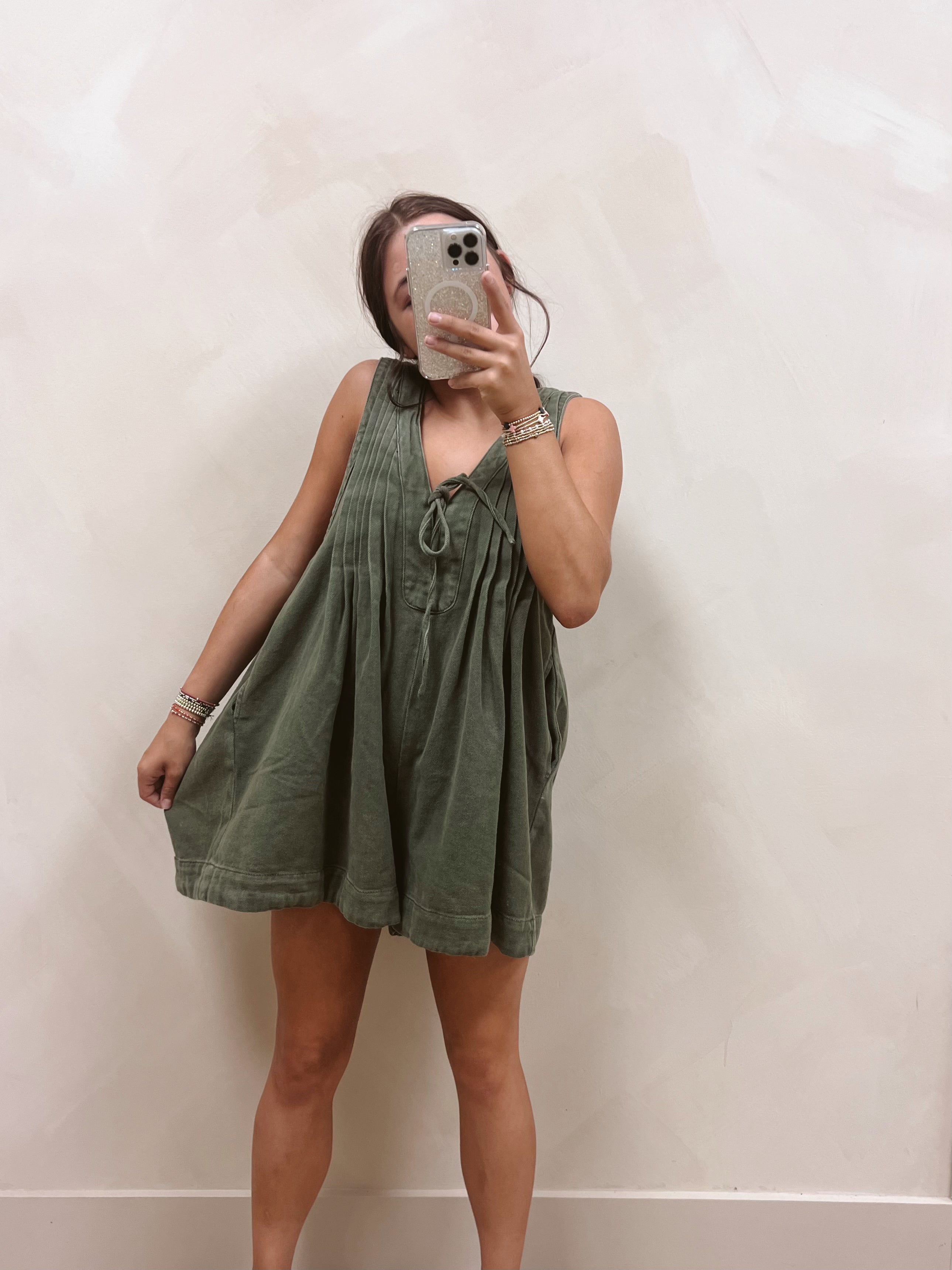 Jade Denim Romper - Olive