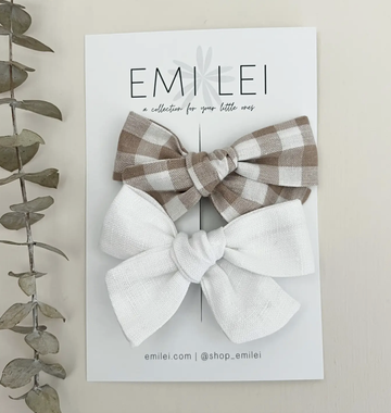 Alligator Clip Set - White + Neutral Gingham